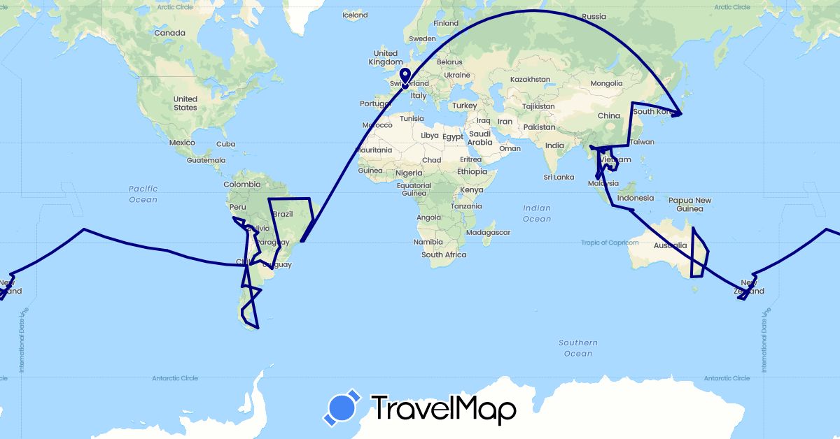 TravelMap itinerary: driving in Argentina, Australia, Bolivia, Brazil, Chile, China, France, Indonesia, Japan, Cambodia, Laos, Myanmar (Burma), New Zealand, Peru, Singapore, Thailand, Vietnam (Asia, Europe, Oceania, South America)